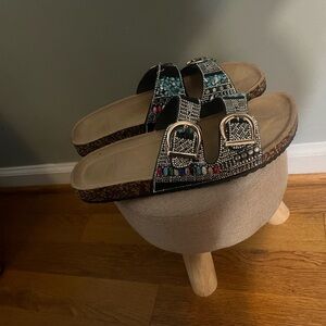 Embellished Black Sandals with Colorful Accents